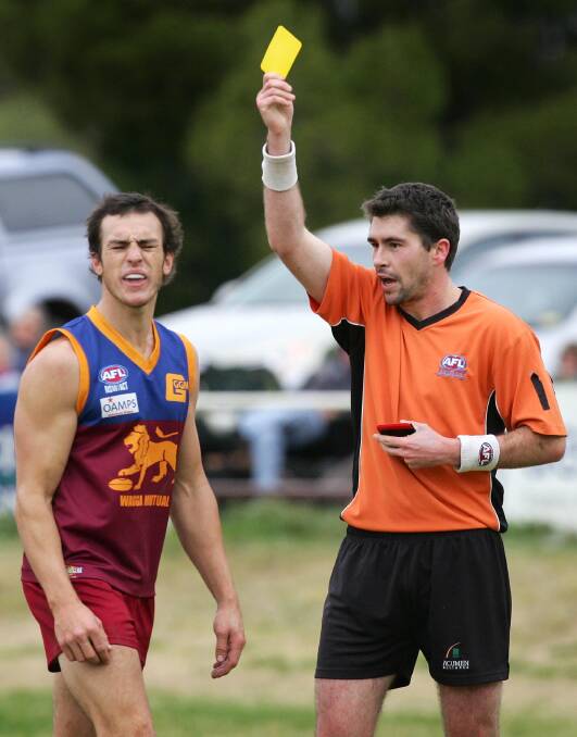 CHANGES: Ryan Dedini shows Ganmain-Grong Grong-Matong's Curtis Steele a yellow card back in 2012.