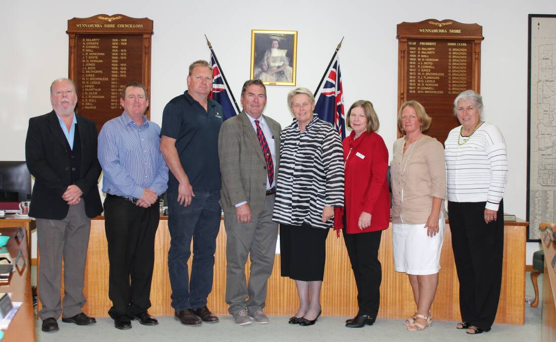 NEW-LOOK COUNCIL: Phillip Wells, Robert Curphey, Gavin Gilbert, Deputy
Mayor Robert Black, Mayor Ruth McRae, Christine Chirgwin, Faith Bryce and
Gaila Smith met for the first time on Thursday, 21 September in Jerilderie.
(Absent) Austin Evans