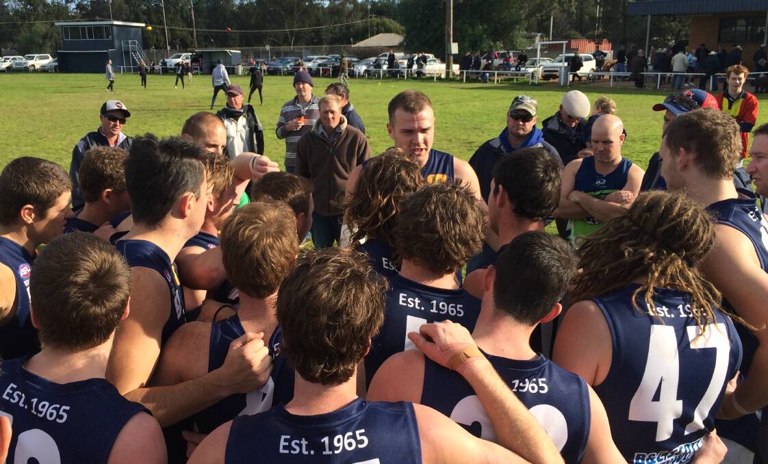 BIG FINISH: Coleambally coach Josh Hamilton calls on his players to lift at quarter-time against the Northern Jets on Saturday. 