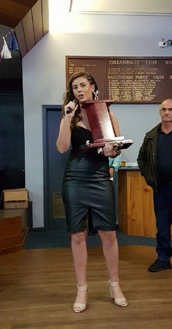 Breeanna Coelli gives a speech after receiving the League Tag best and fairest award.