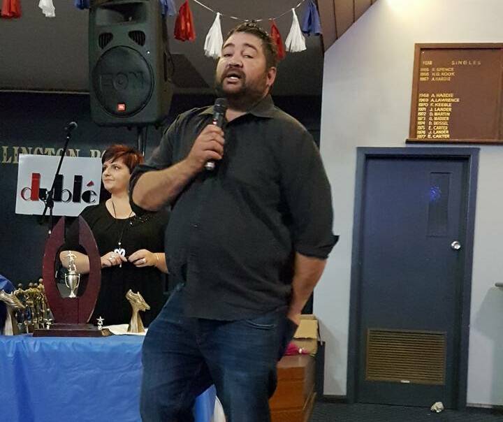 Darlington Point Coleambally reserves coach Tim Coe address the crowd during the Roosters presentation night.