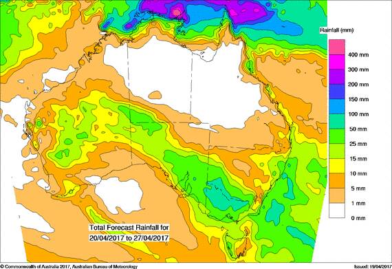Total forecast rainfall from April 20 to April 27. Source: BOM