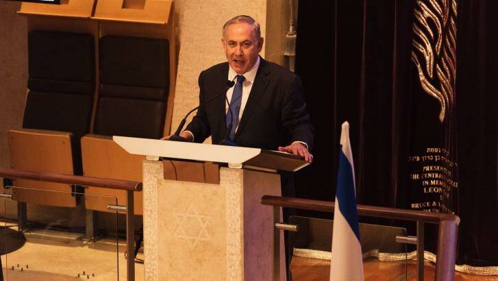Israel PM Benjamin Netanyahu speaks at The Central Synagogue in Bondi Junction. Photo: James Brickwood