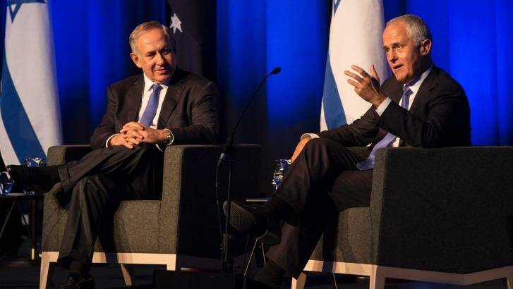 Benjamin Netanyahu and Malcolm Turnbull at the International Convention Centre in Sydney on Wednesday. Photo: Louie Douvis