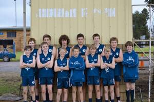 YOUNG GUNS: Local SWJFNL junior representative players (back, from left) Tom Mannes, Darcy Mader, Lach Dunbar, Noah Bellato, James Lyell, Lachlan Foster, Harry Tooth, (front) Blake Goudie, Ryan Mannes, Chris Hayes, Jonah Foster, Tim Hayes, Sam Breed. (Absent Danny Brain, Luke Hogan).