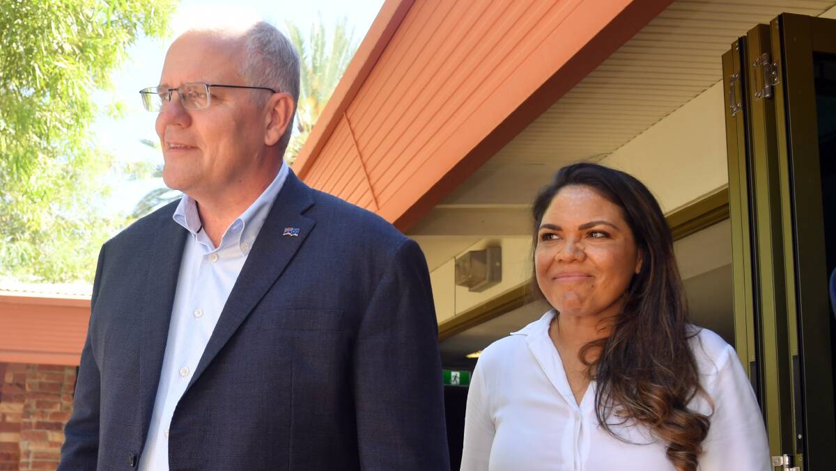 Prime Minister Scott Morrison and CLP candidate Jacinta Price campaigning in Alice Springs on Sunday. Picture: AAP