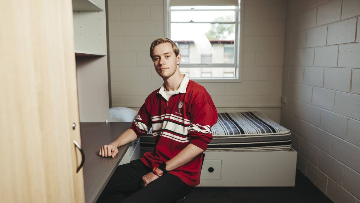 Stuart Kennedy in his old boarding school room at Canberra Grammar School. Picture: Dion Georgopoulos
