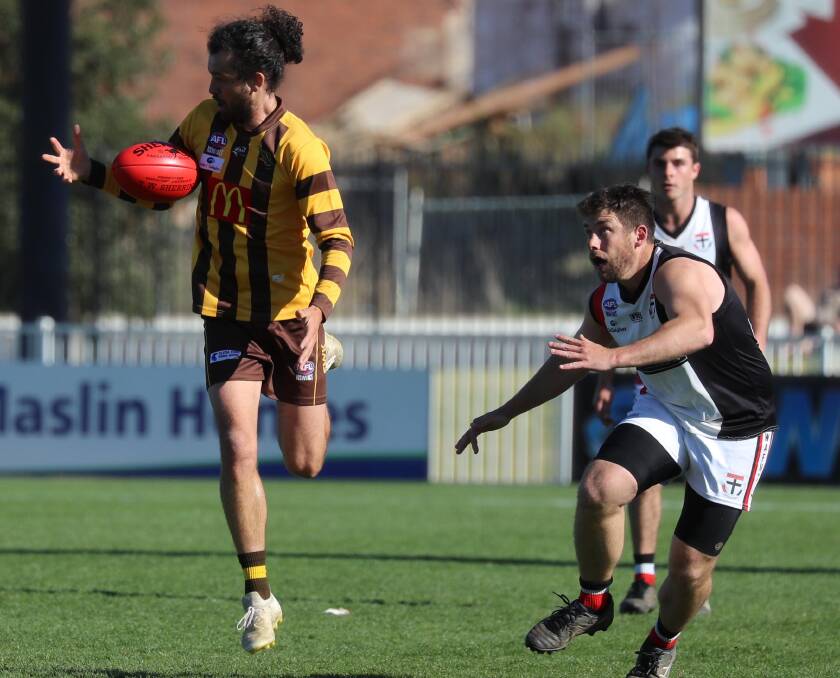 East Wagga-Kooringal's Brock Argus looks to get away from North Wagga's Matt Thomas in this year's grand final. East Wagga-Kooringal will take on North Wagga in a standalone grand final rematch on Anzac Day. Picture: Les Smith