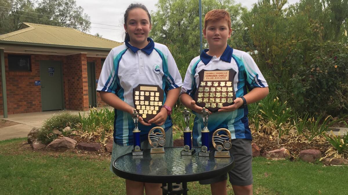 Swiming Sibilings: Alana and Xavier Jones with the awards that they won competing with the Coleambally Swim Club this year. PHOTO: Reuben Wylie 