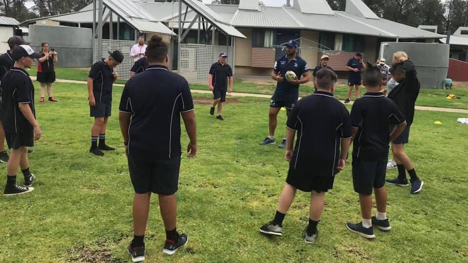 NRL star: Melbourne Storm player Dale Finucane held a captive audience during a clinic at Coleambally Central School. Picture: Coleambally Central School