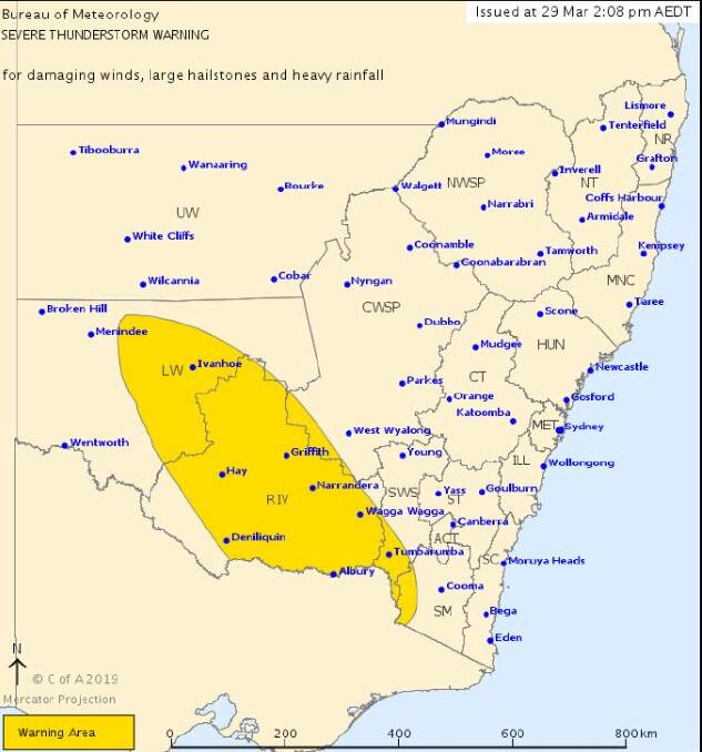 Severe Thunderstorm Warning: issued 2.08pm March 29. PHOTO: Bureau Of Meteorology 