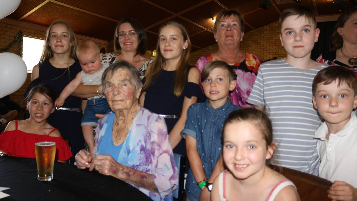 Four generations: Gladys Black with her daughter Margie Kook (top centre) among a swathe of grand children and great grand children. Picture: Reuben Wylie