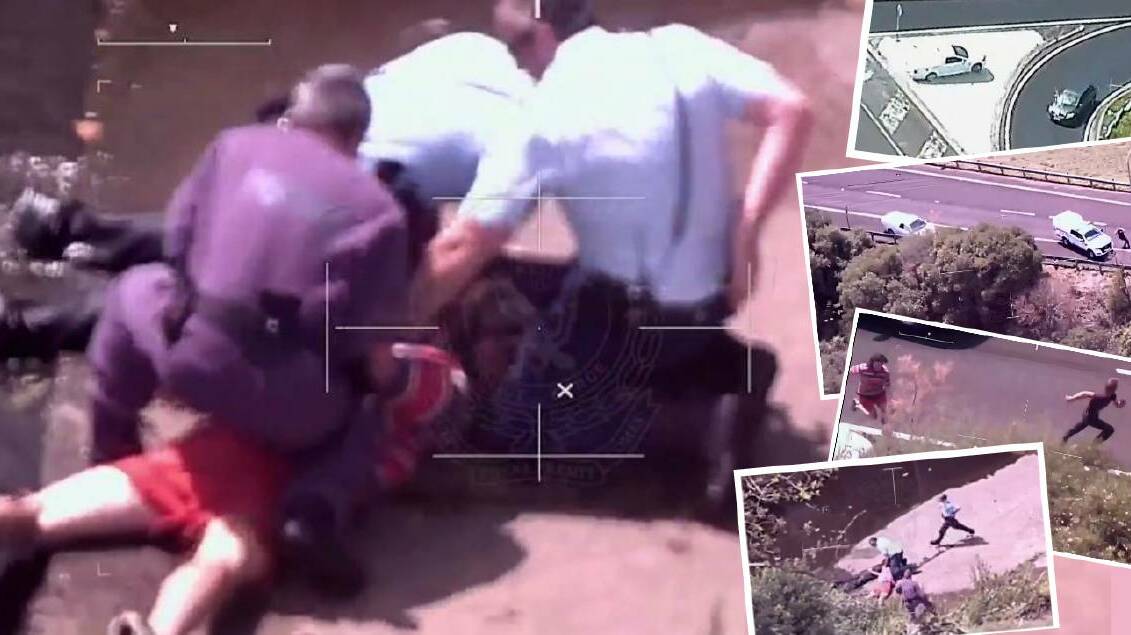 VISION: Polair vision shows the dramatic moment two men, accused of embarking on a crime spree across southern NSW in recent days, were chased down and arrested in Figtree in 2017. Pictures: NSW Police.
