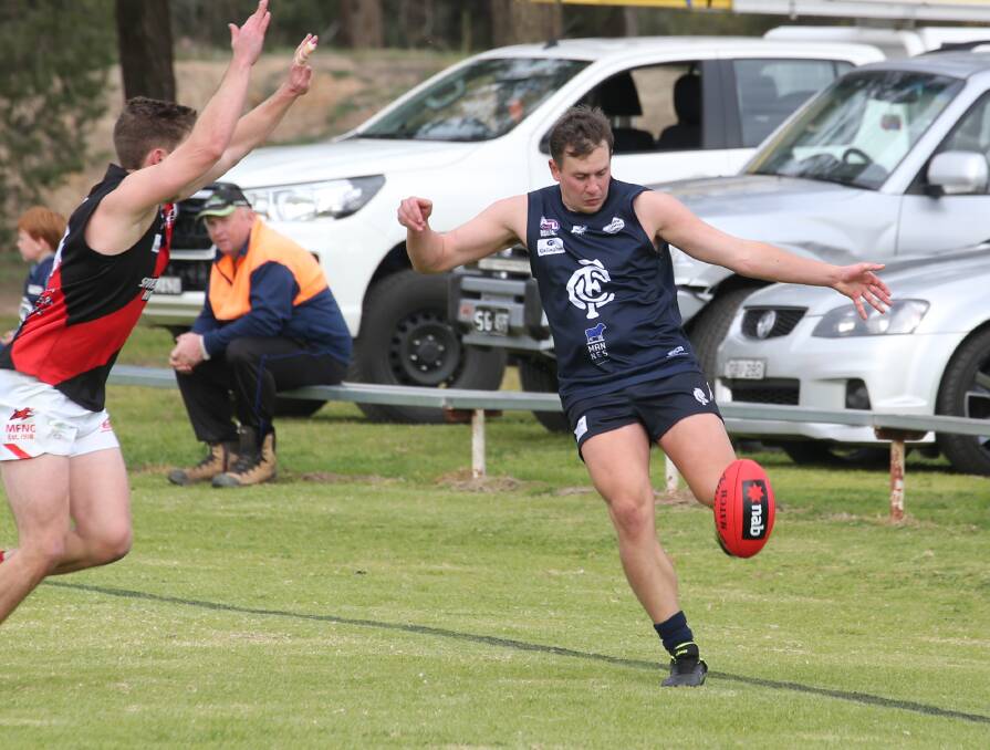 NEW HOME: Coleambally defender Luke Schulz in action at home last week as the Blues upset Marrar. Picture: Anthony Stipo