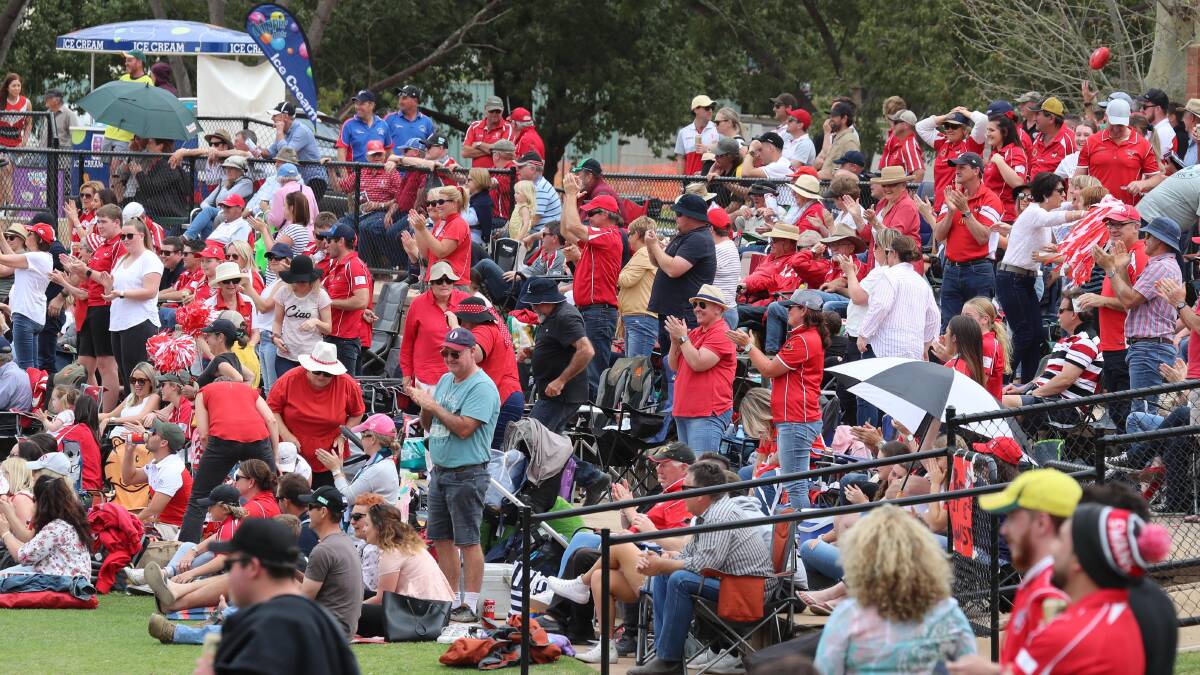The Griffith Swans supporters cheering on their reserve and first grade sides at the 2019 Riverina League grand final. PHOTO: Les Smith