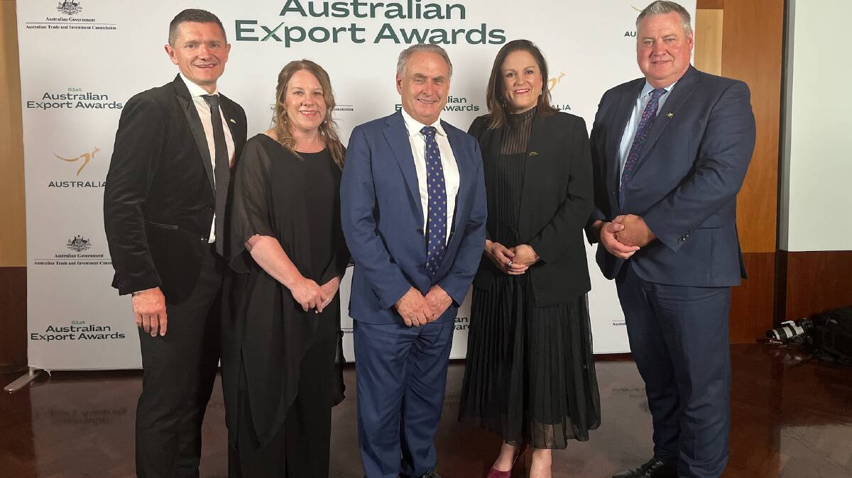 SunRice Group's Anthony McFarlane, Nicole Griffin, Don Farrell, Belinda Tumbers and John Bradford at the award night where the company won a national gong. Picture supplied 