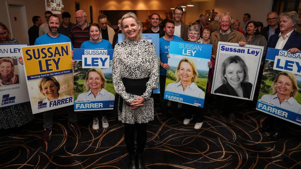 LONG HAUL: Member for Farrer Sussan Ley, with supporters on Saturday night, has not ruled out putting her hand up to lead the Liberals, and affirmed she is committed to serving a full term after her re-election. Picture: JAMES WILTSHIRE