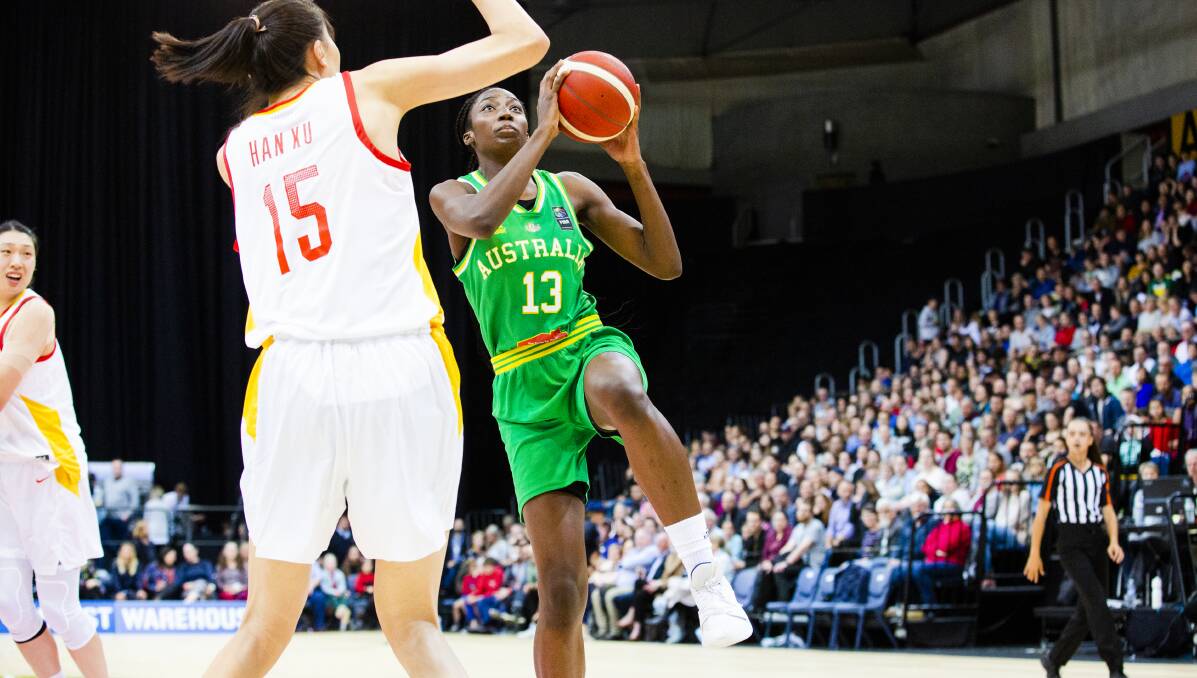 Ezi Magbegor was a standout off the bench for the Opals in their dominant win over China. Picture: Jamila Toderas