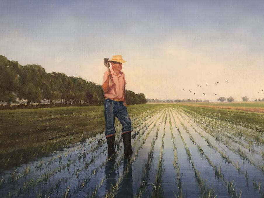 A painting of Gordon Druitt on his Coleambally rice field, which he has hung up in his home.