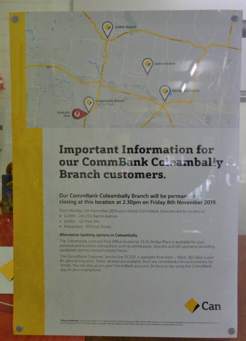 CLOSING DOWN: The notice provided by Commonwealth Bank as to the closure of the Coleambally branch. PHOTO: Calhan Behrendt
