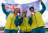 Cyclist Lauren Bates (centre) was among Australia's gold medallists at the Commonwealth Youth Games. (PR HANDOUT IMAGE PHOTO)