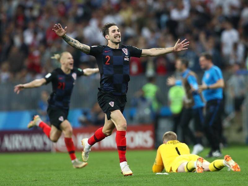 Croatia's Sime Vrsaljko celebrates after reaching the World Cup final at England's expense.