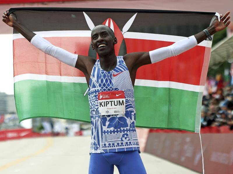 Kenya's Kelvin Kiptum celebrates breaking the world record at the Chicago marathon in October 2023. (AP PHOTO)
