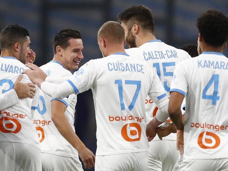 Florian Thauvin (c) celebrates his opening goal in Marseille's 3-1 Ligue Un win over Bordeaux.