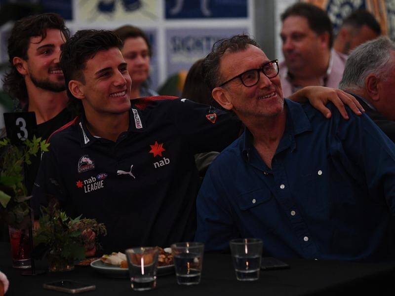 Nick Daicos is seen with father Peter before being taken as pick No.4 in the draft by Collingwood.