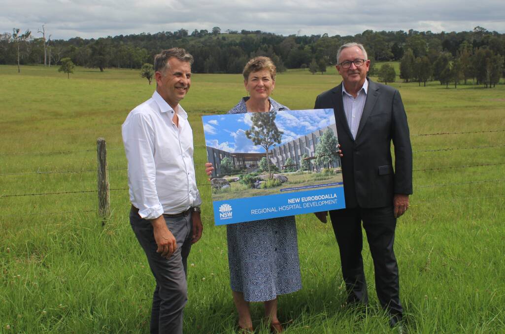 Former Member for Bega Andrew Constance, Liberal candidate for Bega Fiona Kotvojs and NSW health minister Brad Hazzard at the site of the new Eurobodalla Regional Hospital.
